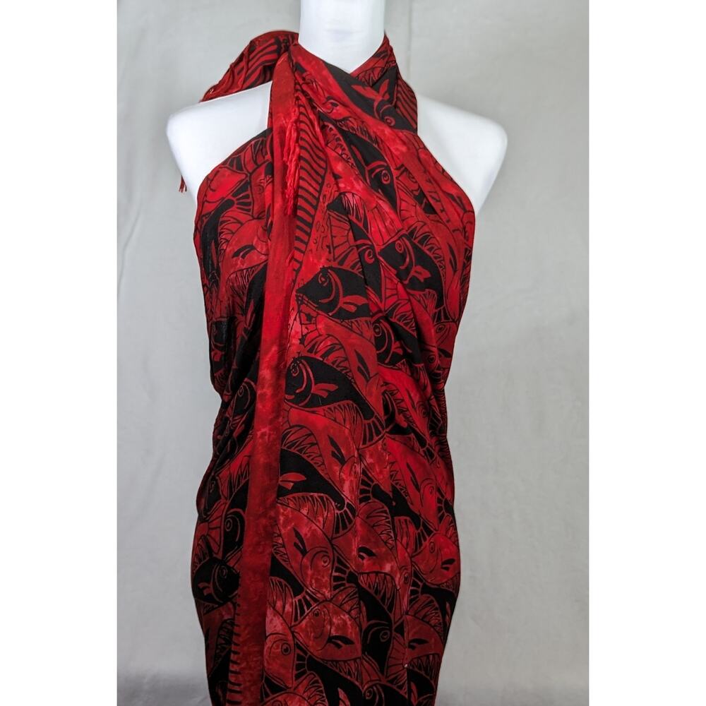 Pareo cover/up.48 x 76" Rayon Batik Red/black fish Indonesia wrap sarong - Picture 5 of 5